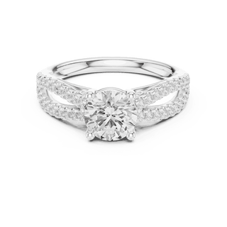 Front View: Round Brilliant Diamond Solitaire Engagement Ring with Micro-Pavé Split Shank in 18K White Gold – Lab Grown – Driona Jewels