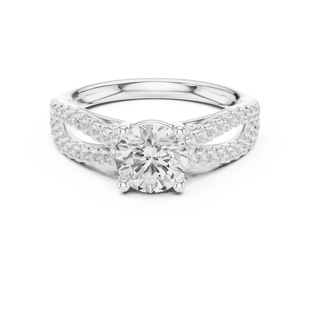 Front View: Round Brilliant Diamond Solitaire Engagement Ring with Micro-Pavé Split Shank in 18K White Gold – Lab Grown – Driona Jewels