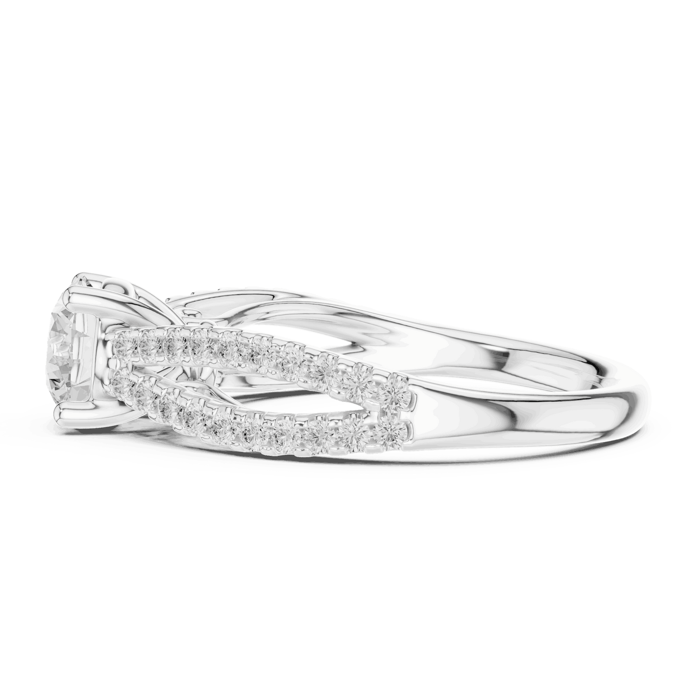 Side Profile: Round Brilliant Diamond Solitaire Engagement Ring with Micro-Pavé Split Shank in 18K White Gold – Lab Grown – Driona Jewels