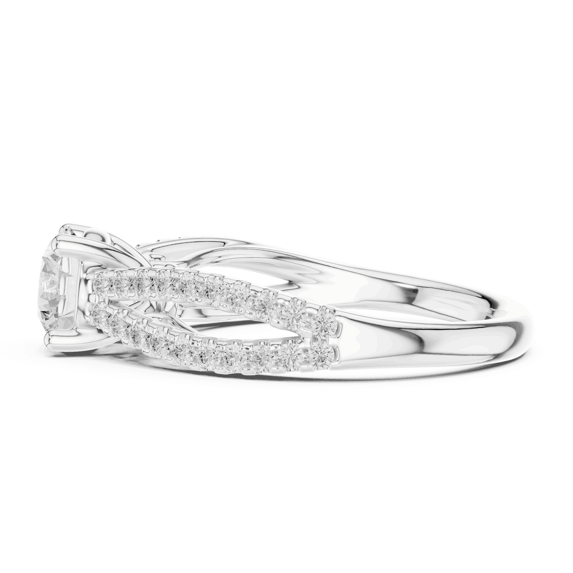 Side Profile: Round Brilliant Diamond Solitaire Engagement Ring with Micro-Pavé Split Shank in 18K White Gold – Lab Grown – Driona Jewels