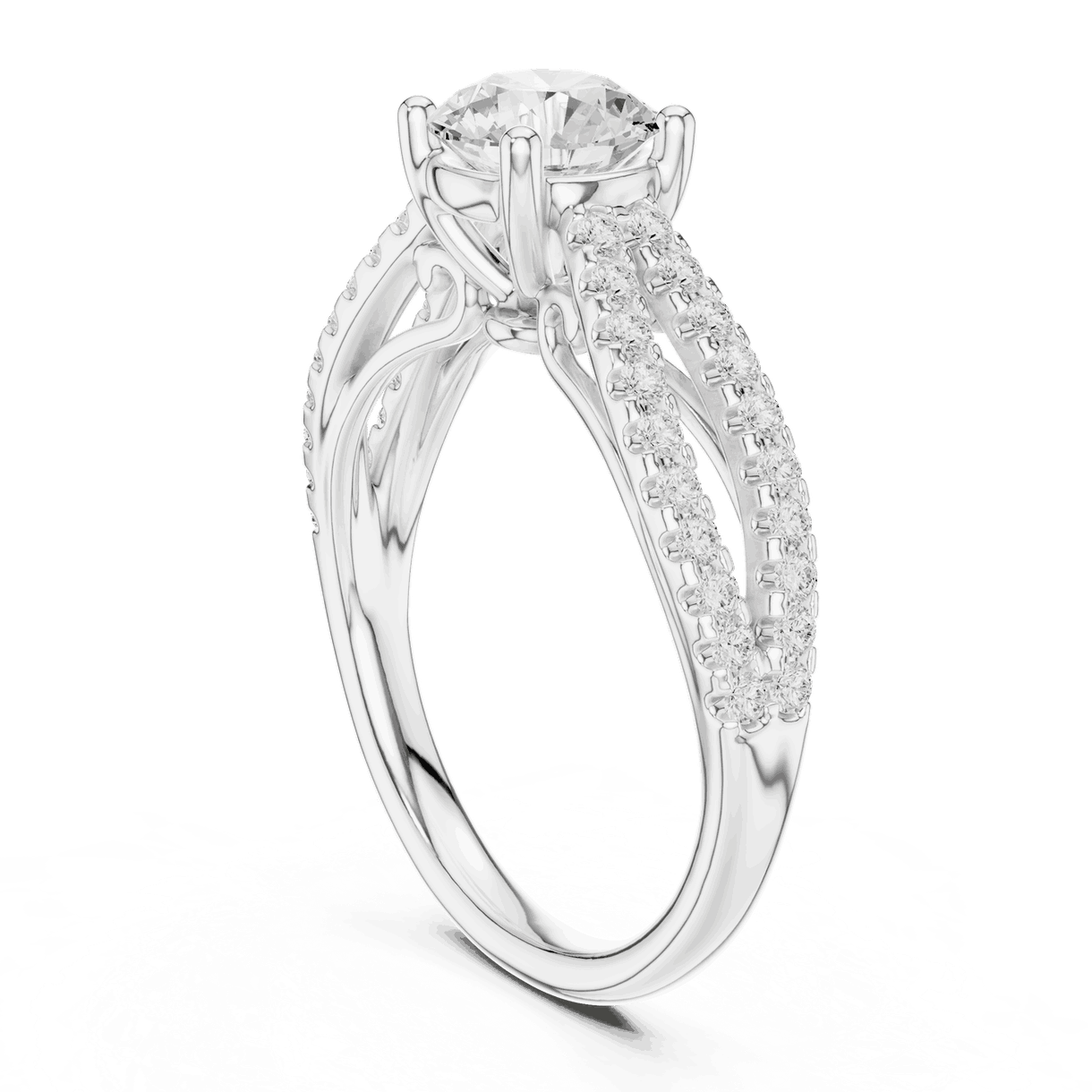 Three-Quarter View: Round Brilliant Diamond Solitaire Engagement Ring with Micro-Pavé Split Shank in 18K White Gold – Lab Grown – Driona Jewels