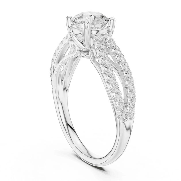 Three-Quarter View: Round Brilliant Diamond Solitaire Engagement Ring with Micro-Pavé Split Shank in 18K White Gold – Lab Grown – Driona Jewels