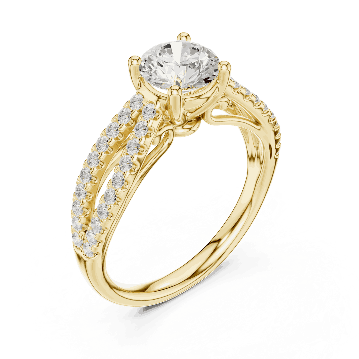 Angle View: Round Brilliant Diamond Solitaire Engagement Ring with Micro-Pavé Split Shank in 18K Yellow Gold – Lab Grown – Driona Jewels