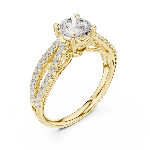 Angle View: Round Brilliant Diamond Solitaire Engagement Ring with Micro-Pavé Split Shank in 18K Yellow Gold – Lab Grown – Driona Jewels