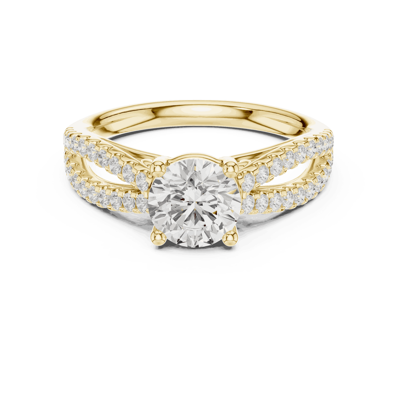 Front View: Round Brilliant Diamond Solitaire Engagement Ring with Micro-Pavé Split Shank in 18K Yellow Gold – Lab Grown – Driona Jewels
