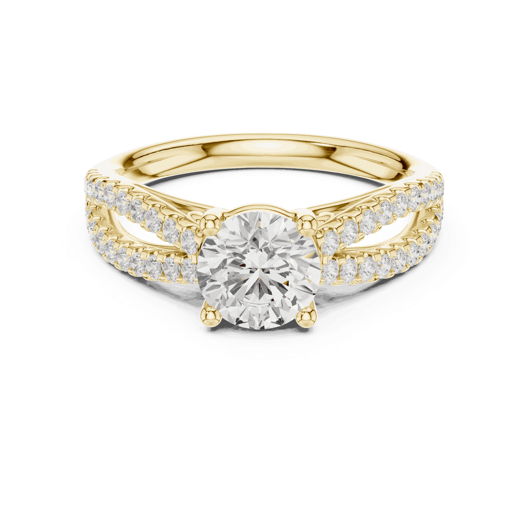 Front View: Round Brilliant Diamond Solitaire Engagement Ring with Micro-Pavé Split Shank in 18K Yellow Gold – Lab Grown – Driona Jewels