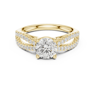 Front View: Round Brilliant Diamond Solitaire Engagement Ring with Micro-Pavé Split Shank in 18K Yellow Gold – Lab Grown – Driona Jewels