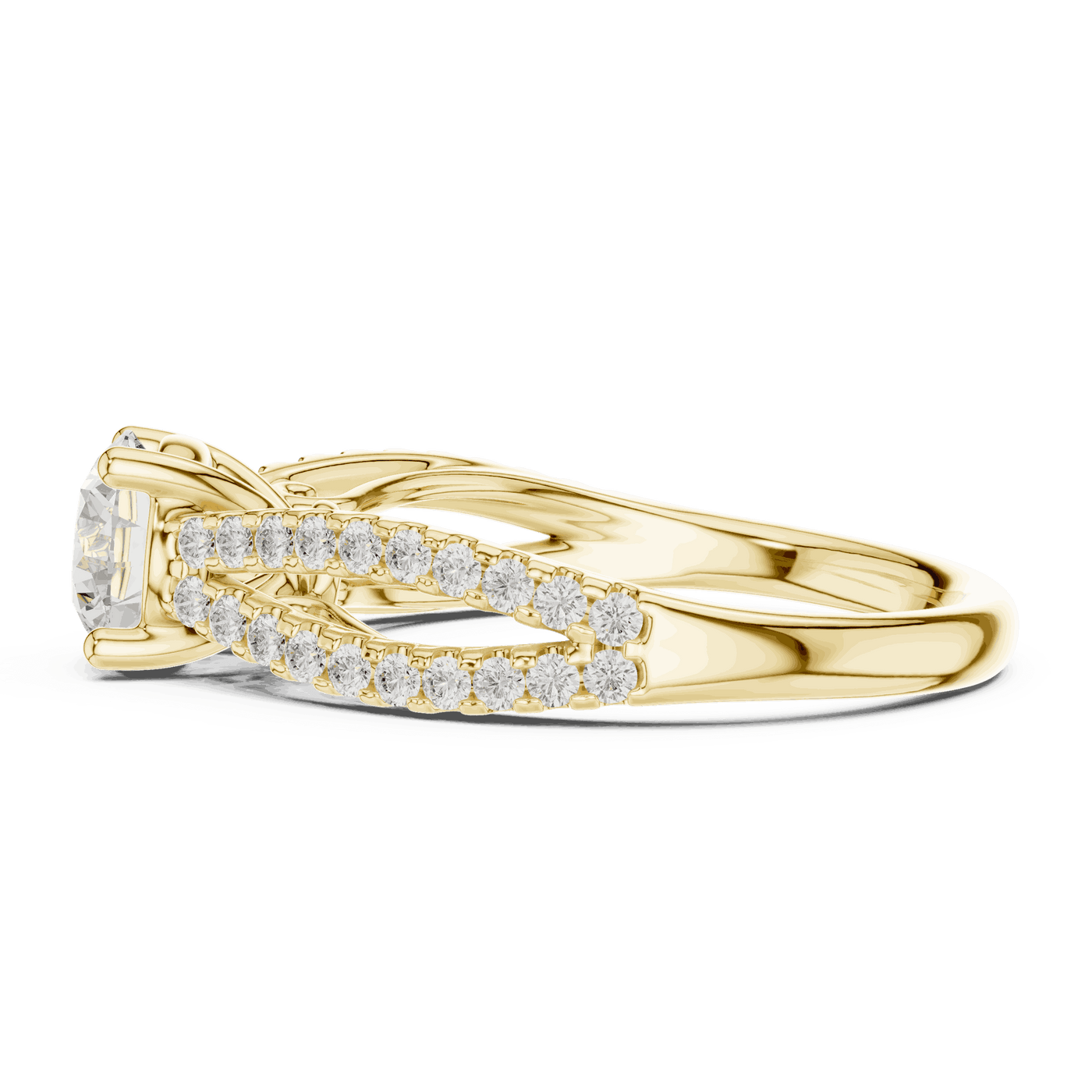 Side Profile: Round Brilliant Diamond Solitaire Engagement Ring with Micro-Pavé Split Shank in 18K Yellow Gold – Lab Grown – Driona Jewels