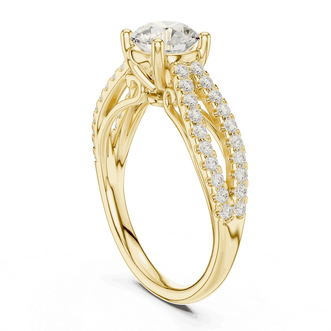 Three-Quarter View: Round Brilliant Diamond Solitaire Engagement Ring with Micro-Pavé Split Shank in 18K Yellow Gold – Lab Grown – Driona Jewels
