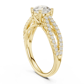 Three-Quarter View: Round Brilliant Diamond Solitaire Engagement Ring with Micro-Pavé Split Shank in 18K Yellow Gold – Lab Grown – Driona Jewels
