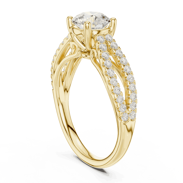 Three-Quarter View: Round Brilliant Diamond Solitaire Engagement Ring with Micro-Pavé Split Shank in 18K Yellow Gold – Lab Grown – Driona Jewels