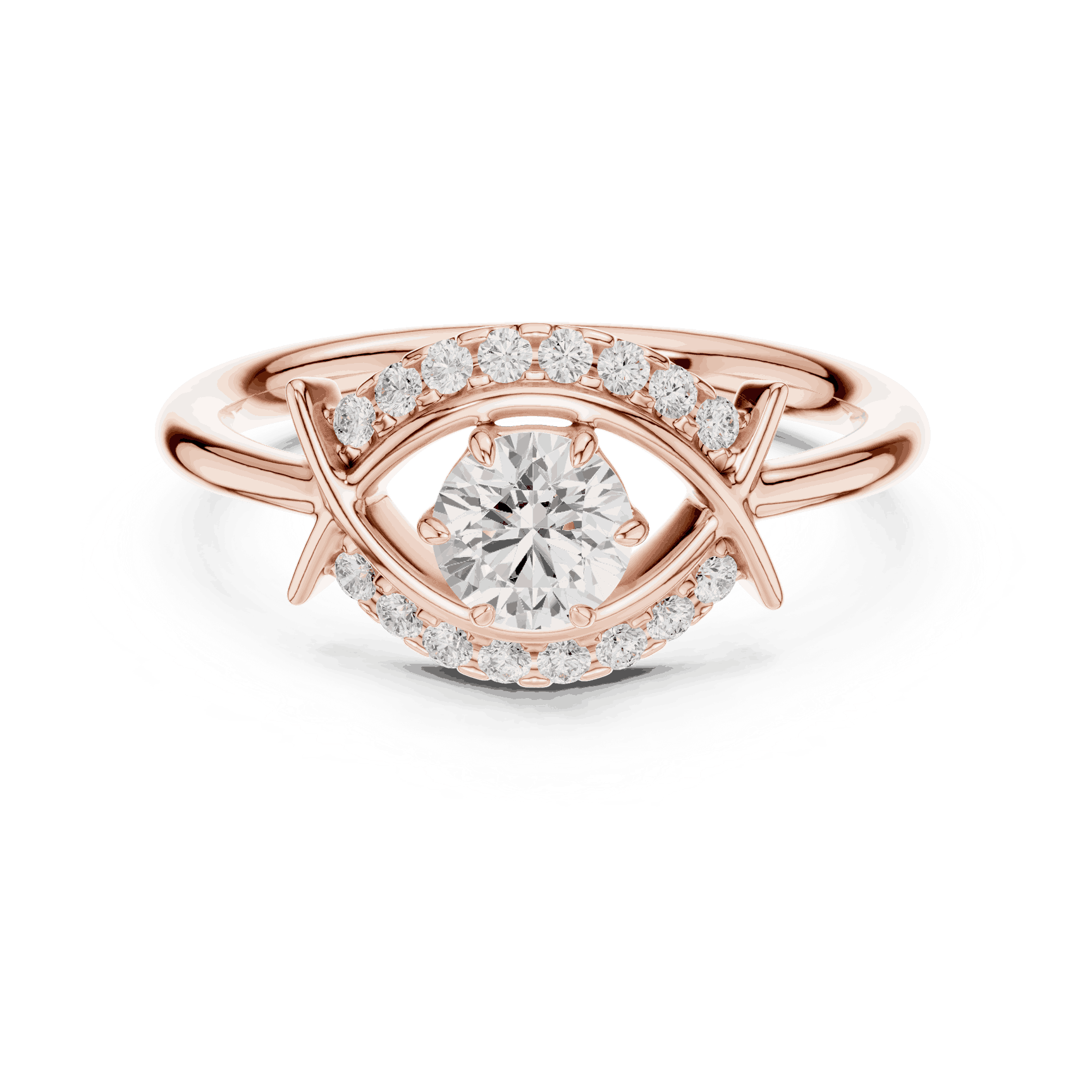 Front View: Round Brilliant Diamond Engagement Ring with Star-Shaped Geometric Halo and Pavé Setting in 18K Rose Gold – Lab Grown – Driona Jewels