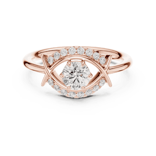 Front View: Round Brilliant Diamond Engagement Ring with Star-Shaped Geometric Halo and Pavé Setting in 18K Rose Gold – Lab Grown – Driona Jewels