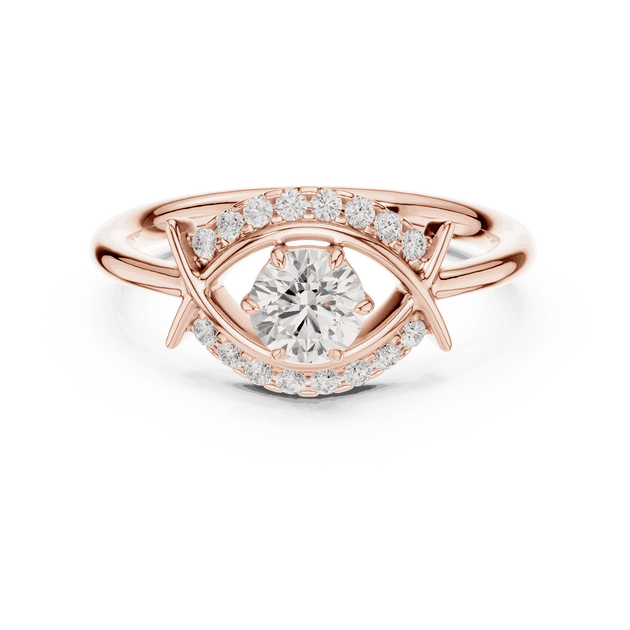 Front View: Round Brilliant Diamond Engagement Ring with Star-Shaped Geometric Halo and Pavé Setting in 18K Rose Gold – Lab Grown – Driona Jewels