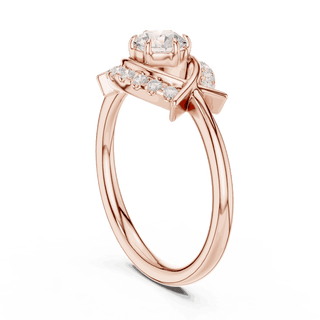 Three-Quarter View: Round Brilliant Diamond Engagement Ring with Star-Shaped Geometric Halo and Pavé Setting in 18K Rose Gold – Lab Grown – Driona Jewels