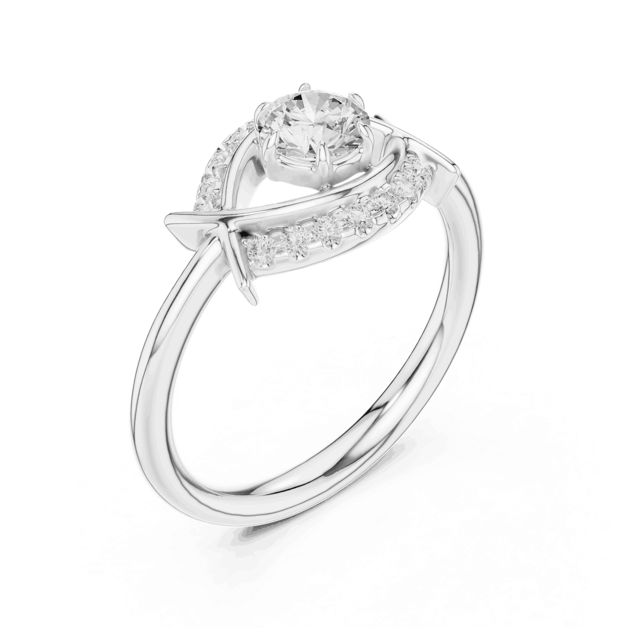 Back View: Round Brilliant Diamond Engagement Ring with Star-Shaped Geometric Halo and Pavé Setting in 18K White Gold – Lab Grown – Driona Jewels
