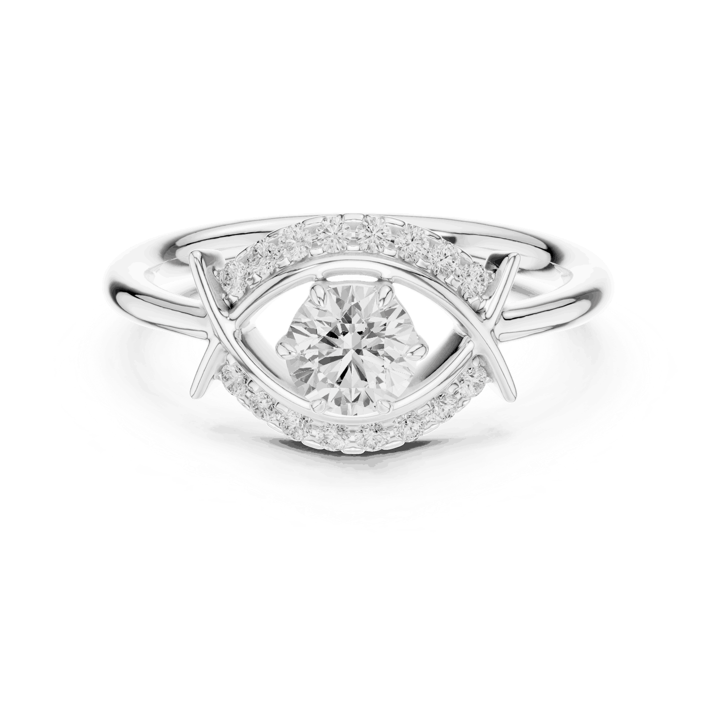 Front View: Round Brilliant Diamond Engagement Ring with Star-Shaped Geometric Halo and Pavé Setting in 18K White Gold – Lab Grown – Driona Jewels