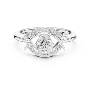 Front View: Round Brilliant Diamond Engagement Ring with Star-Shaped Geometric Halo and Pavé Setting in 18K White Gold – Lab Grown – Driona Jewels