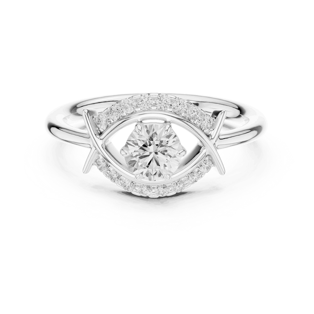 Front View: Round Brilliant Diamond Engagement Ring with Star-Shaped Geometric Halo and Pavé Setting in 18K White Gold – Lab Grown – Driona Jewels