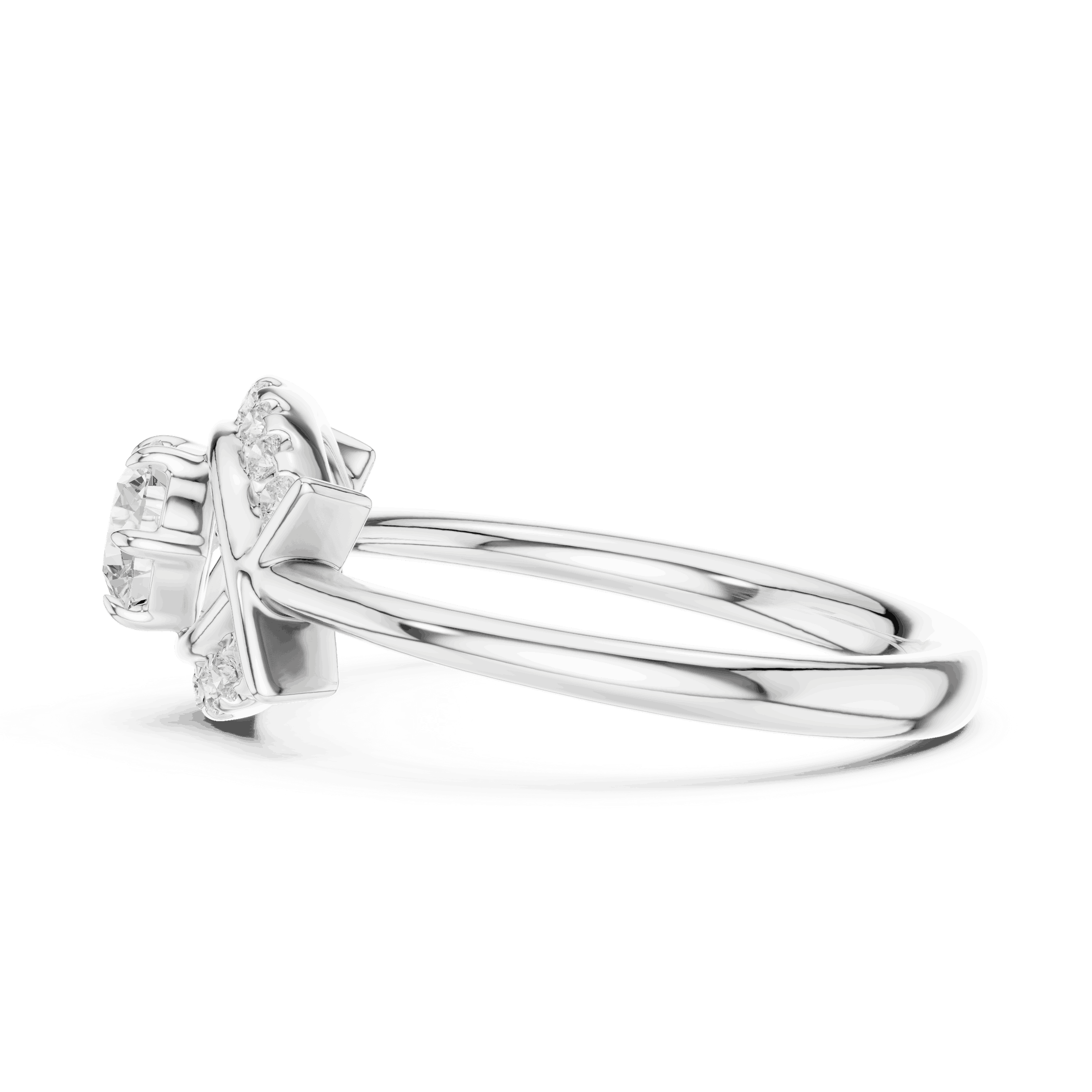 Side Profile: Round Brilliant Diamond Engagement Ring with Star-Shaped Geometric Halo and Pavé Setting in 18K White Gold – Lab Grown – Driona Jewels