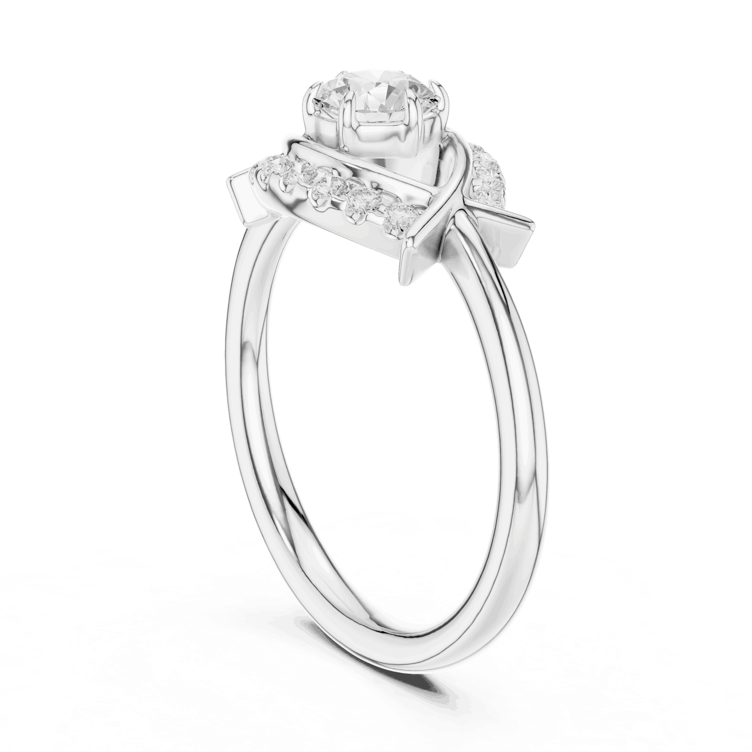 Three-Quarter View: Round Brilliant Diamond Engagement Ring with Star-Shaped Geometric Halo and Pavé Setting in 18K White Gold – Lab Grown – Driona Jewels
