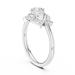 Three-Quarter View: Round Brilliant Diamond Engagement Ring with Star-Shaped Geometric Halo and Pavé Setting in 18K White Gold – Lab Grown – Driona Jewels