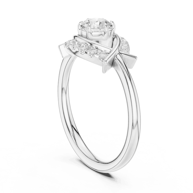 Three-Quarter View: Round Brilliant Diamond Engagement Ring with Star-Shaped Geometric Halo and Pavé Setting in 18K White Gold – Lab Grown – Driona Jewels