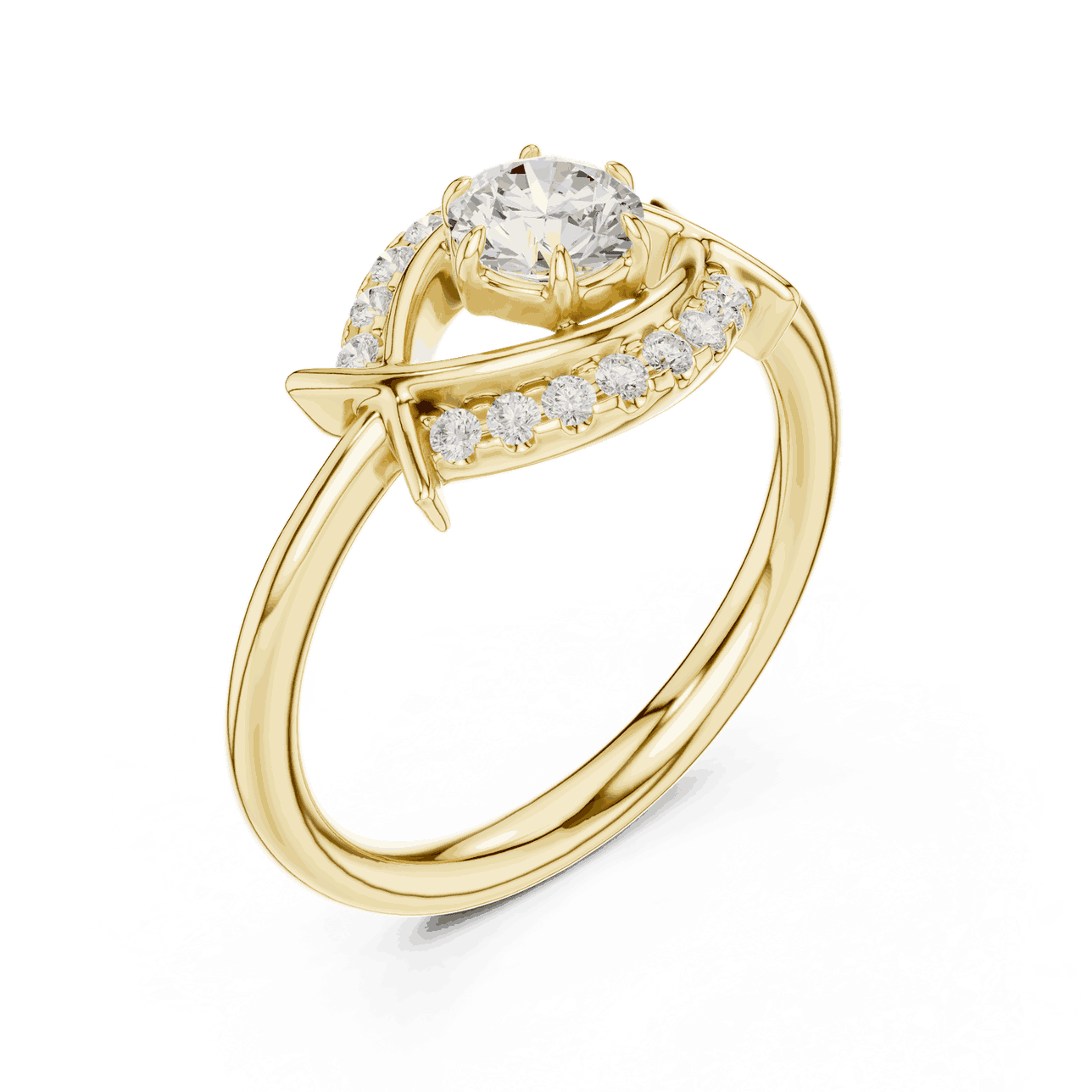 Back View: Round Brilliant Diamond Engagement Ring with Star-Shaped Geometric Halo and Pavé Setting in 18K Yellow Gold – Lab Grown – Driona Jewels