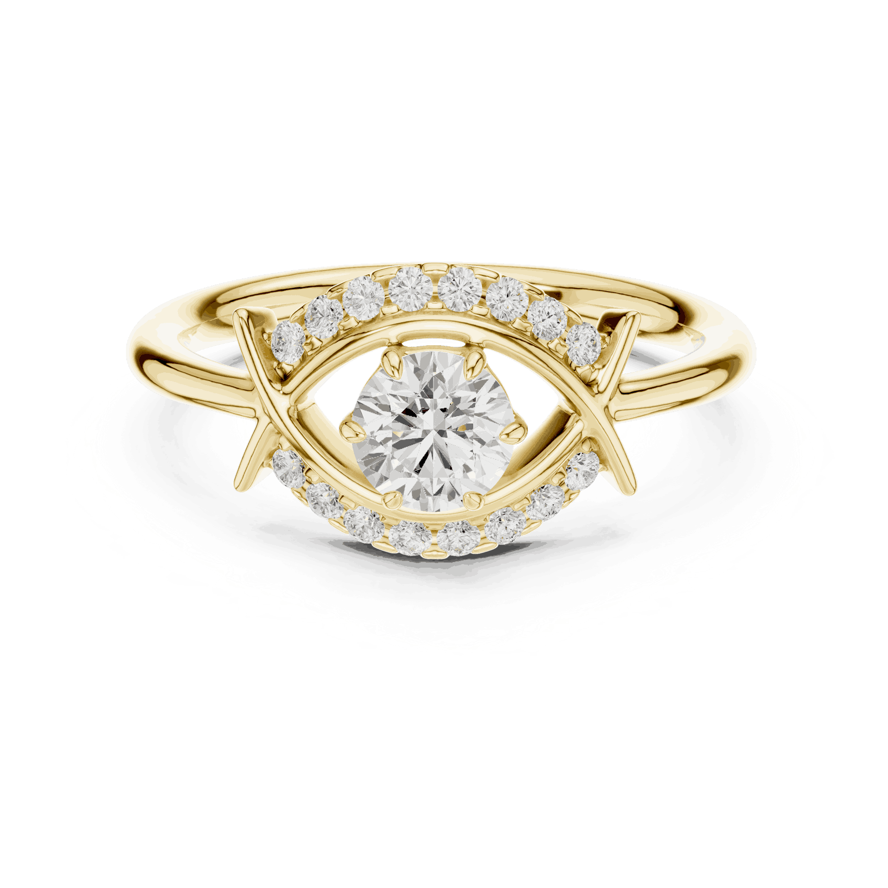 Front View: Round Brilliant Diamond Engagement Ring with Star-Shaped Geometric Halo and Pavé Setting in 18K Yellow Gold – Lab Grown – Driona Jewels