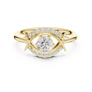 Front View: Round Brilliant Diamond Engagement Ring with Star-Shaped Geometric Halo and Pavé Setting in 18K Yellow Gold – Lab Grown – Driona Jewels