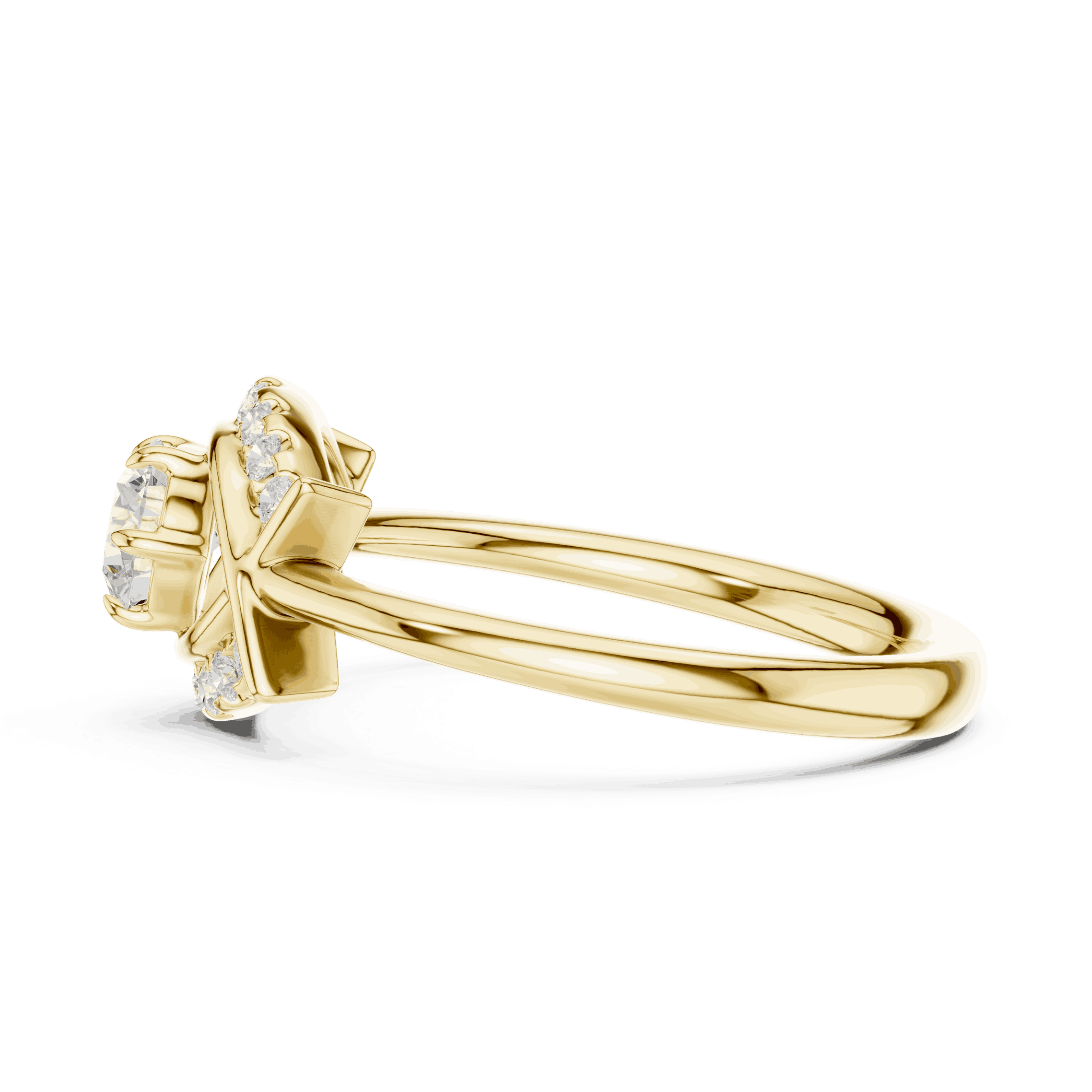 Side Profile: Round Brilliant Diamond Engagement Ring with Star-Shaped Geometric Halo and Pavé Setting in 18K Yellow Gold – Lab Grown – Driona Jewels