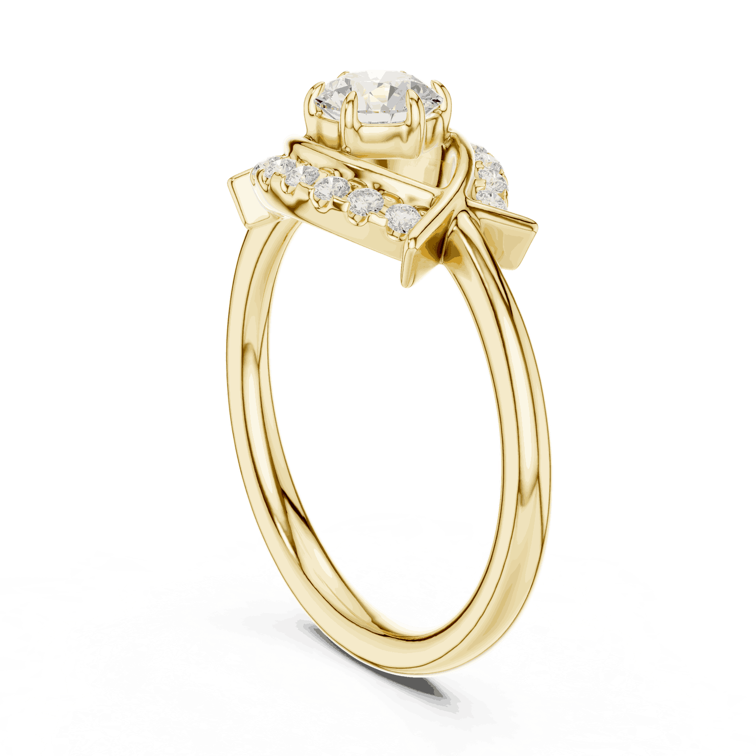Three-Quarter View: Round Brilliant Diamond Engagement Ring with Star-Shaped Geometric Halo and Pavé Setting in 18K Yellow Gold – Lab Grown – Driona Jewels
