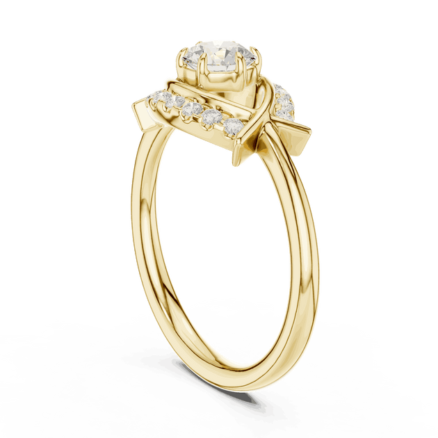 Three-Quarter View: Round Brilliant Diamond Engagement Ring with Star-Shaped Geometric Halo and Pavé Setting in 18K Yellow Gold – Lab Grown – Driona Jewels