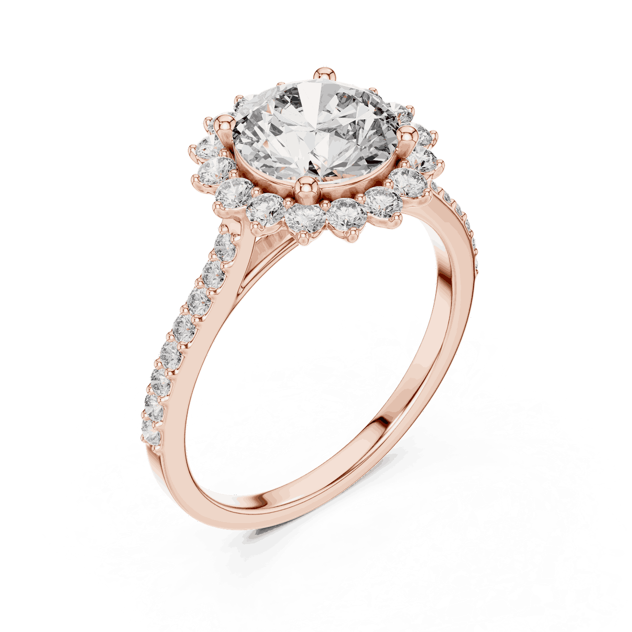 Angle View: Round Brilliant Diamond Starburst Halo Engagement Ring with Pavé Split Shank in 18K Rose Gold – Lab Grown – Driona Jewels