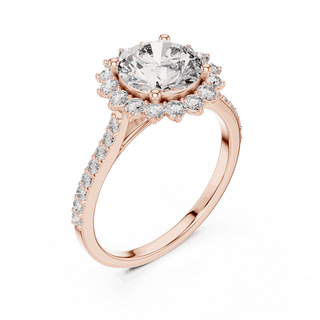 Angle View: Round Brilliant Diamond Starburst Halo Engagement Ring with Pavé Split Shank in 18K Rose Gold – Lab Grown – Driona Jewels