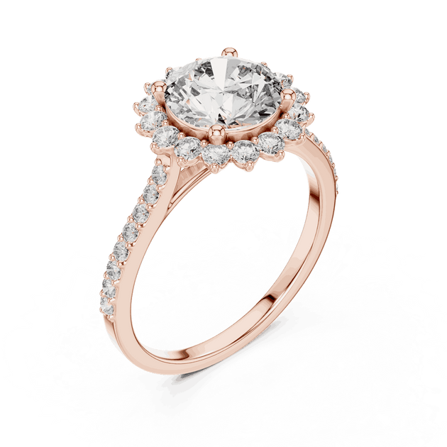 Angle View: Round Brilliant Diamond Starburst Halo Engagement Ring with Pavé Split Shank in 18K Rose Gold – Lab Grown – Driona Jewels