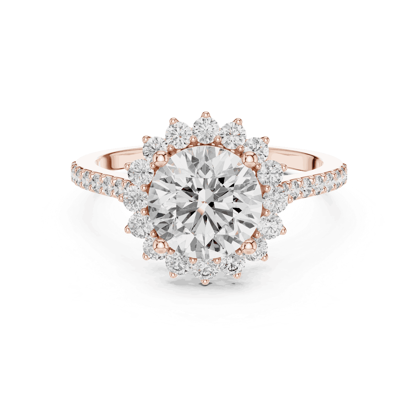 Front View: Round Brilliant Diamond Starburst Halo Engagement Ring with Pavé Split Shank in 18K Rose Gold – Lab Grown – Driona Jewels