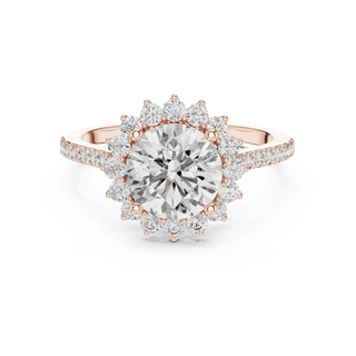 Front View: Round Brilliant Diamond Starburst Halo Engagement Ring with Pavé Split Shank in 18K Rose Gold – Lab Grown – Driona Jewels