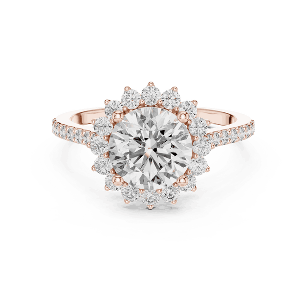 Front View: Round Brilliant Diamond Starburst Halo Engagement Ring with Pavé Split Shank in 18K Rose Gold – Lab Grown – Driona Jewels