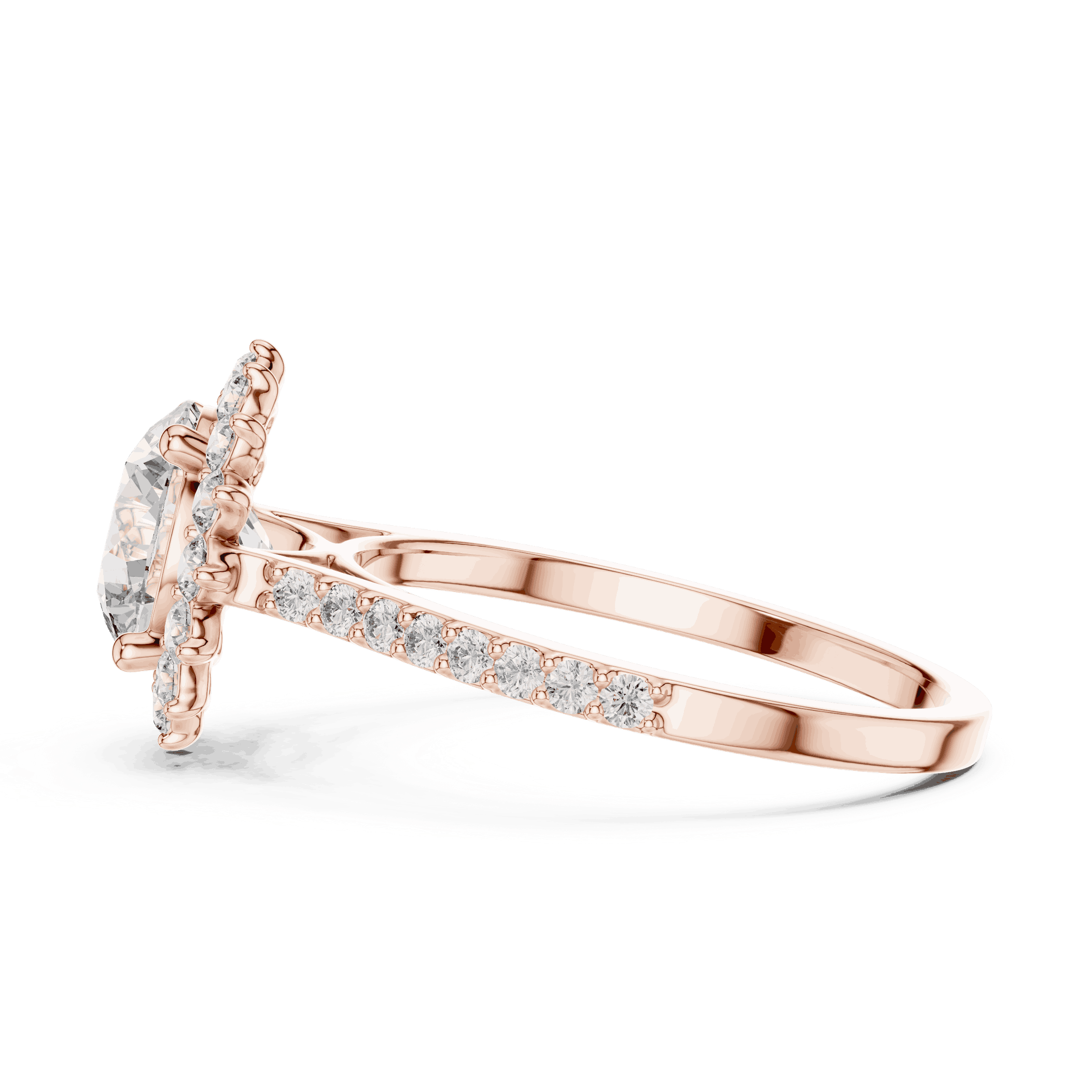 Side Profile: Round Brilliant Diamond Starburst Halo Engagement Ring with Pavé Split Shank in 18K Rose Gold – Lab Grown – Driona Jewels
