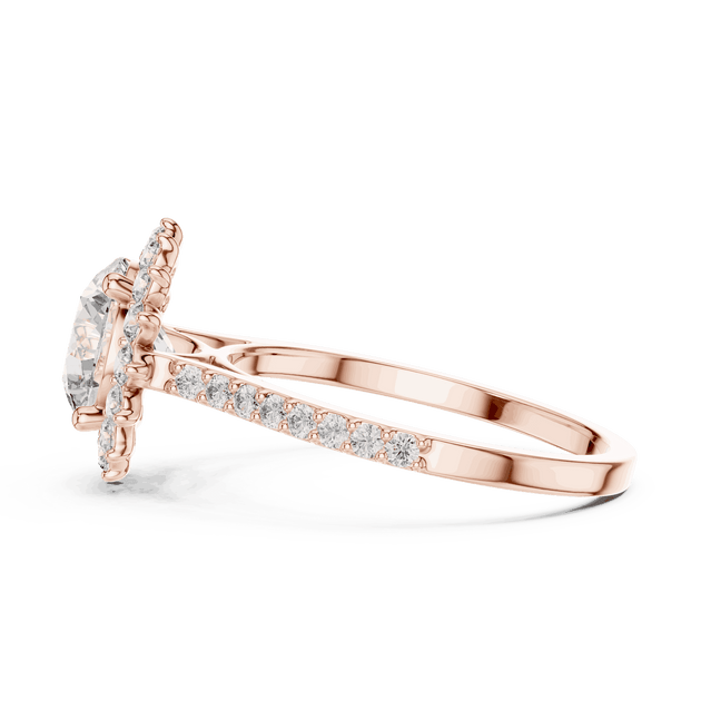 Side Profile: Round Brilliant Diamond Starburst Halo Engagement Ring with Pavé Split Shank in 18K Rose Gold – Lab Grown – Driona Jewels