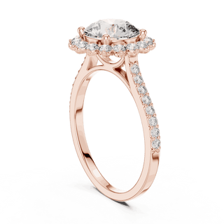 Three-Quarter View: Round Brilliant Diamond Starburst Halo Engagement Ring with Pavé Split Shank in 18K Rose Gold – Lab Grown – Driona Jewels