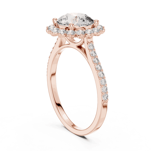 Three-Quarter View: Round Brilliant Diamond Starburst Halo Engagement Ring with Pavé Split Shank in 18K Rose Gold – Lab Grown – Driona Jewels