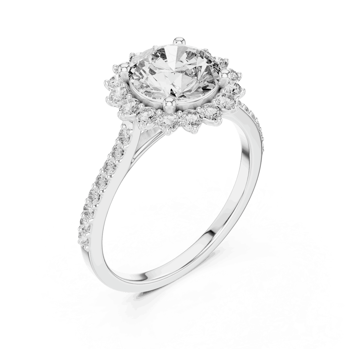 Angle View: Round Brilliant Diamond Starburst Halo Engagement Ring with Pavé Split Shank in 18K White Gold – Lab Grown – Driona Jewels