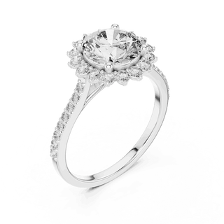 Angle View: Round Brilliant Diamond Starburst Halo Engagement Ring with Pavé Split Shank in 18K White Gold – Lab Grown – Driona Jewels