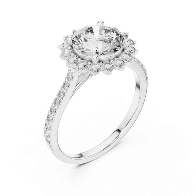 Angle View: Round Brilliant Diamond Starburst Halo Engagement Ring with Pavé Split Shank in 18K White Gold – Lab Grown – Driona Jewels