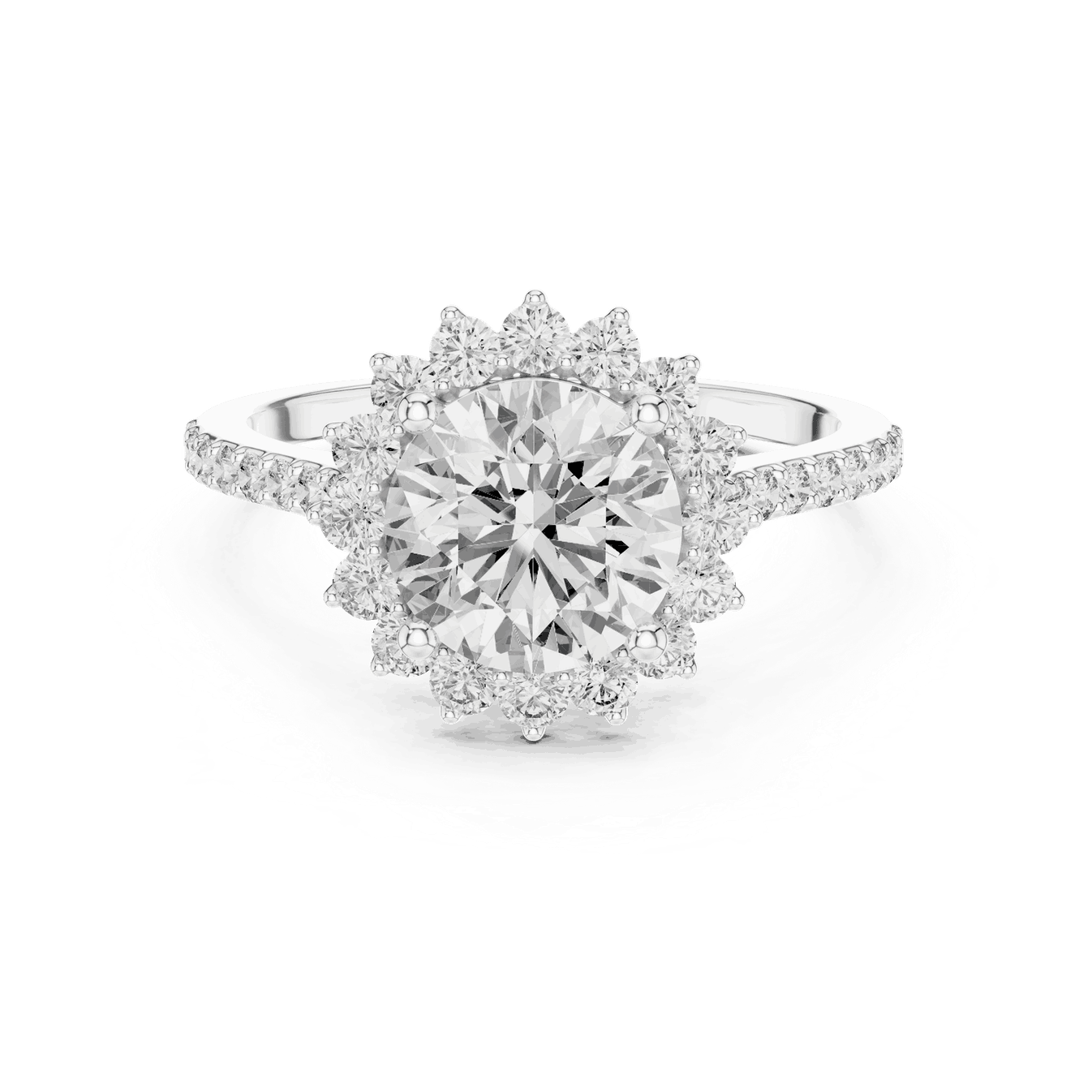 Front View: Round Brilliant Diamond Starburst Halo Engagement Ring with Pavé Split Shank in 18K White Gold – Lab Grown – Driona Jewels