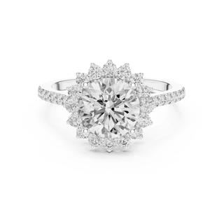 Front View: Round Brilliant Diamond Starburst Halo Engagement Ring with Pavé Split Shank in 18K White Gold – Lab Grown – Driona Jewels