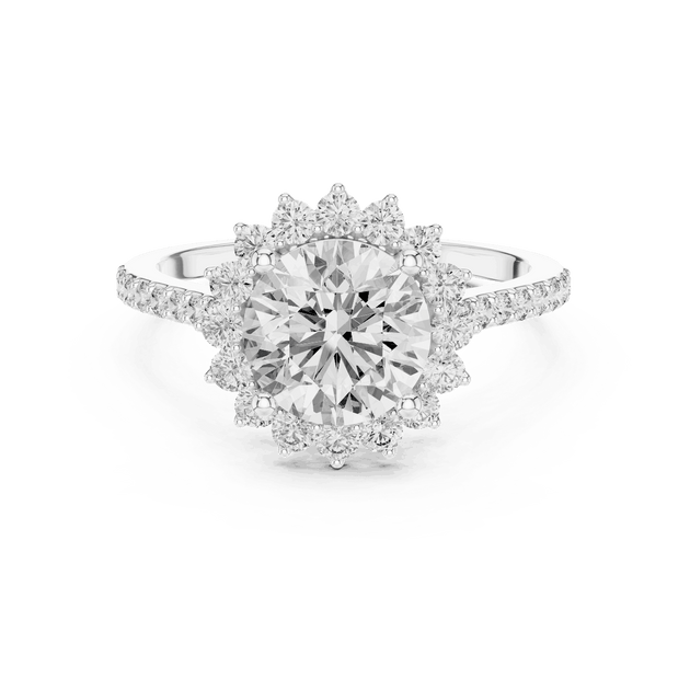 Front View: Round Brilliant Diamond Starburst Halo Engagement Ring with Pavé Split Shank in 18K White Gold – Lab Grown – Driona Jewels