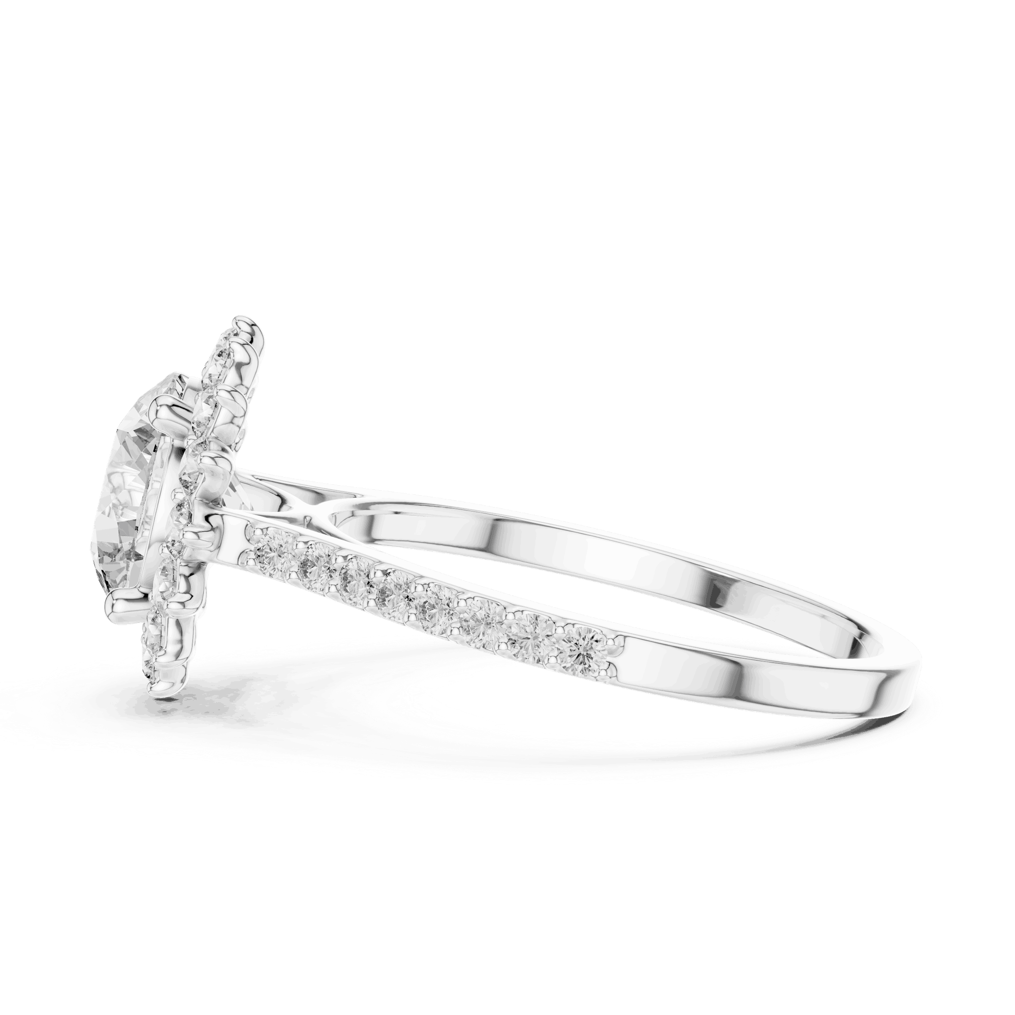 Side Profile: Round Brilliant Diamond Starburst Halo Engagement Ring with Pavé Split Shank in 18K White Gold – Lab Grown – Driona Jewels